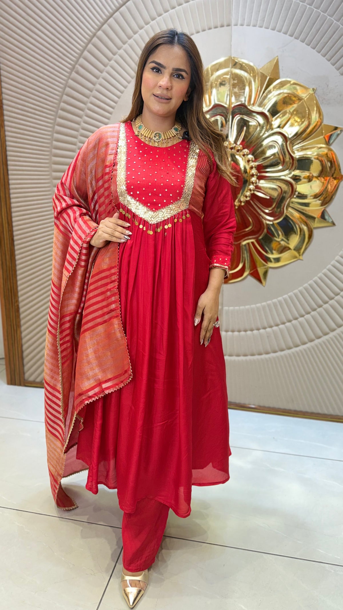 Beautiful red Anarkali kurta featuring intricate gold yoke embroidery pc3678