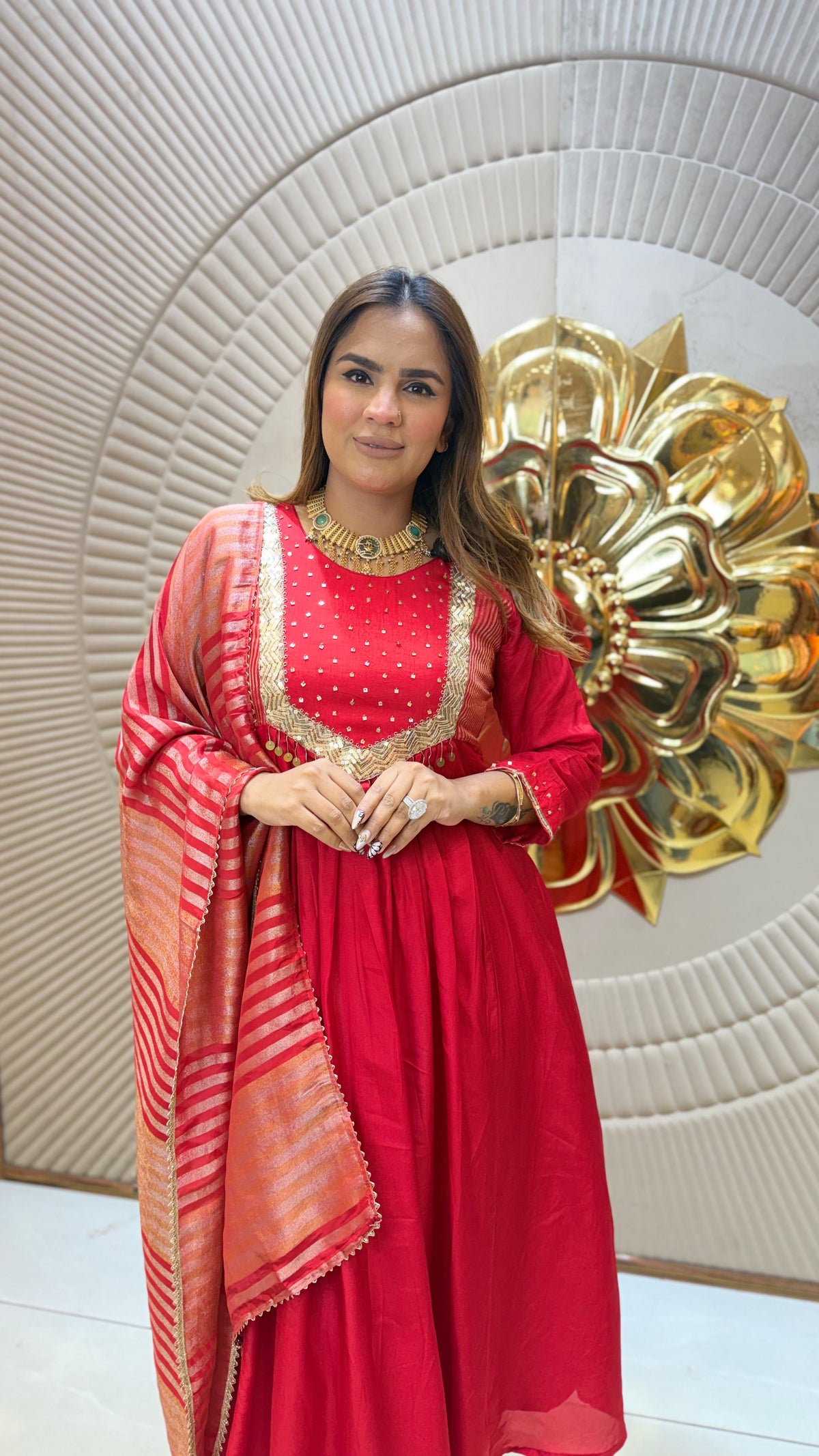 Beautiful red Anarkali kurta featuring intricate gold yoke embroidery pc3678