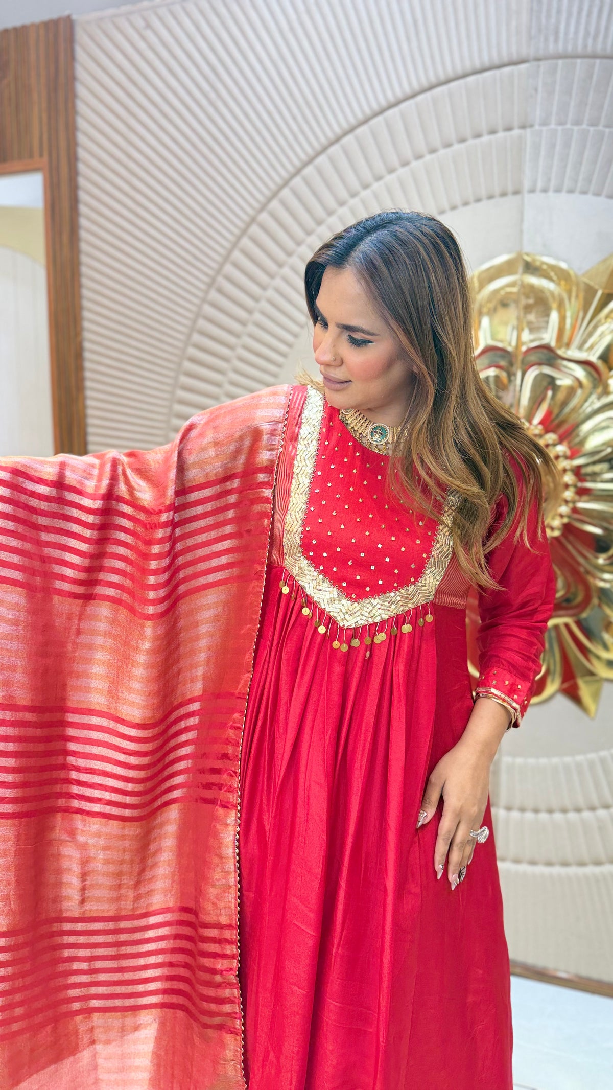 Beautiful red Anarkali kurta featuring intricate gold yoke embroidery pc3678