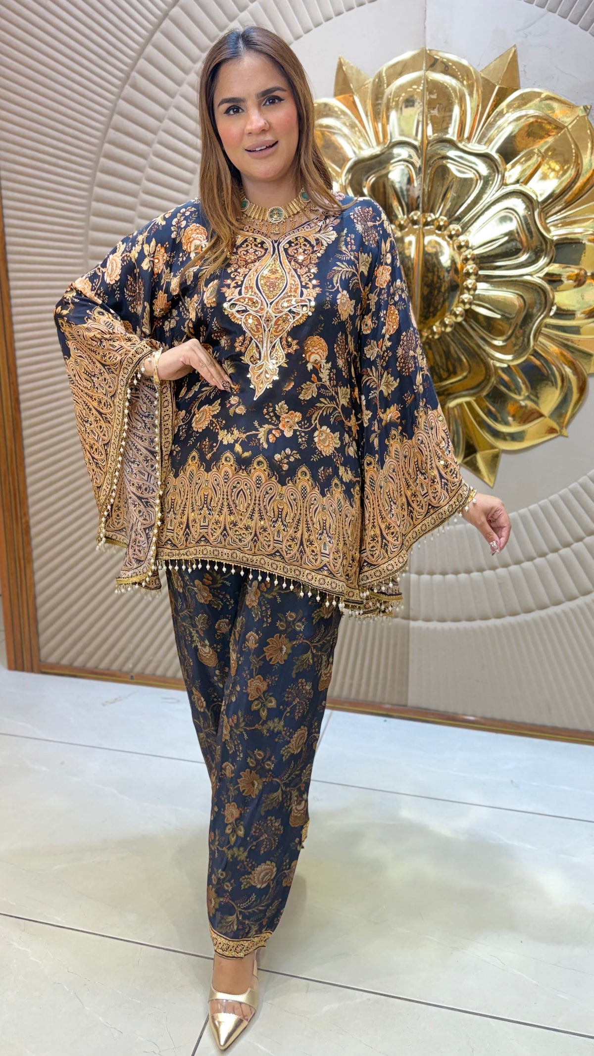 Beautiful ethnic printed kaftan top paired with matching printed trousers pc3679