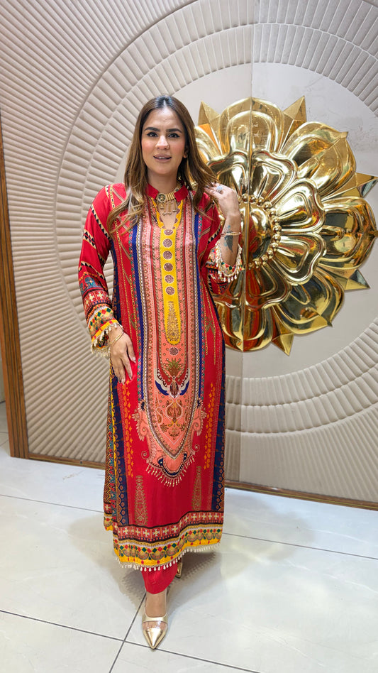 Beautiful red and orange printed long tunic with intricate ethnic patterns pc3683
