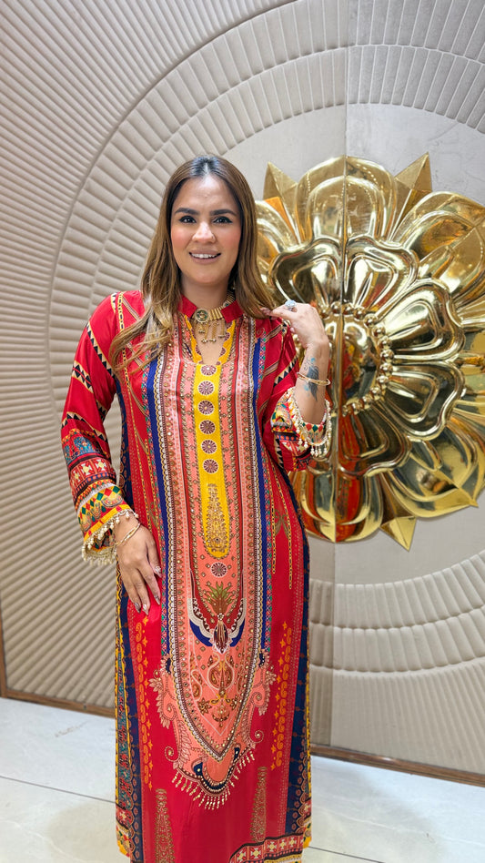 Beautiful red and orange printed long tunic with intricate ethnic patterns pc3683