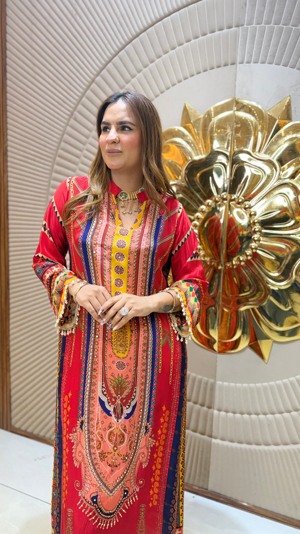 Beautiful red and orange printed long tunic with intricate ethnic patterns pc3683