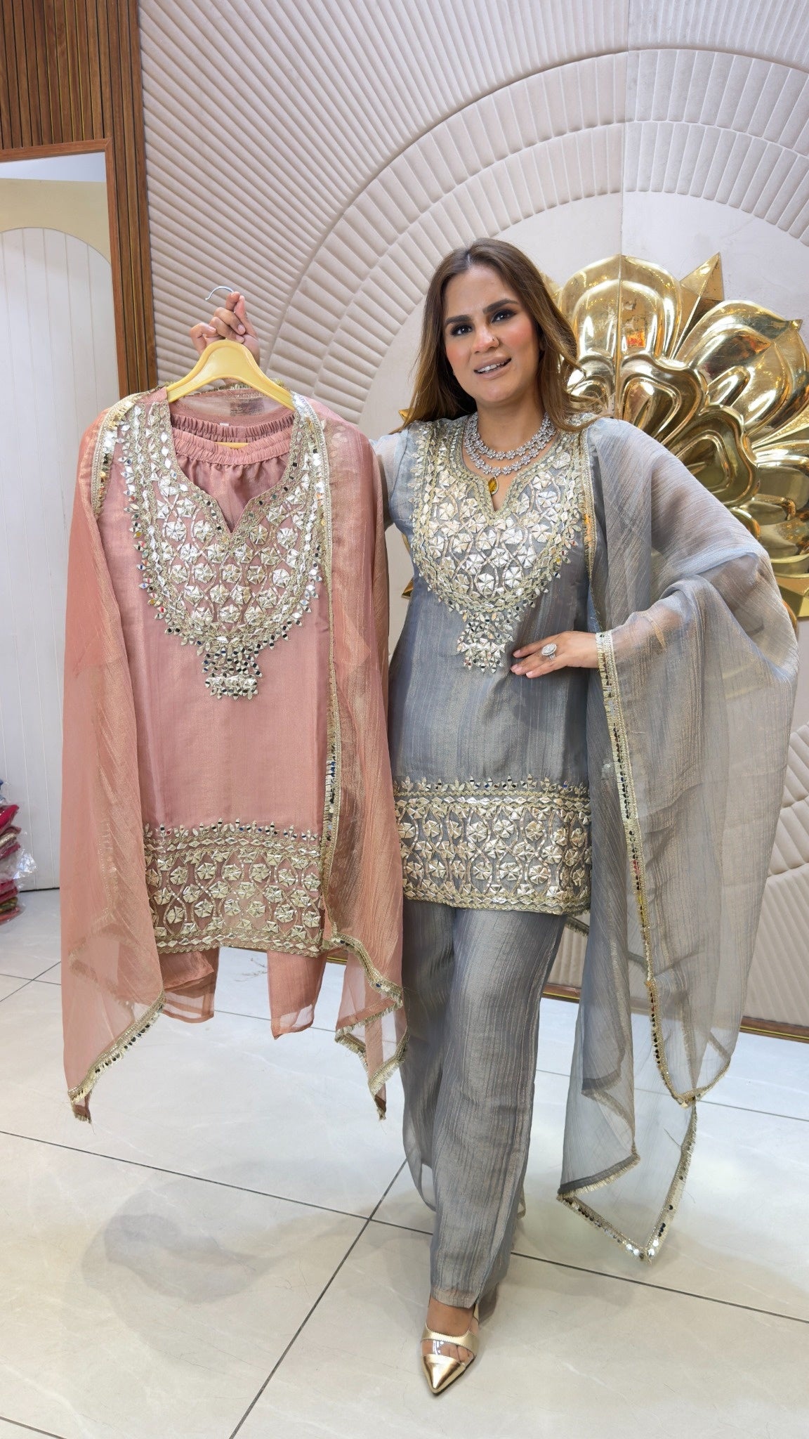 Elegant silk or chinon ethnic wear short kurti set  PC3727
