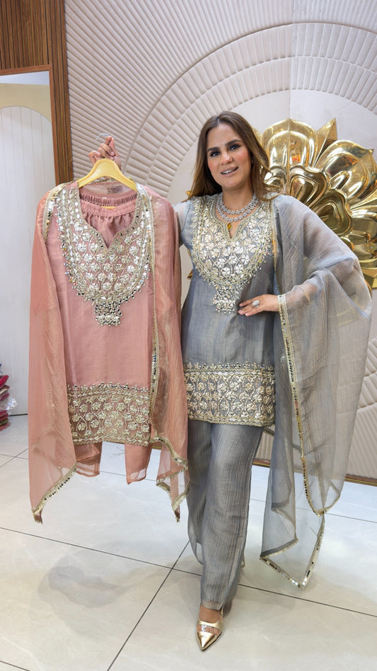 Elegant silk or chinon ethnic wear short kurti set  PC3727