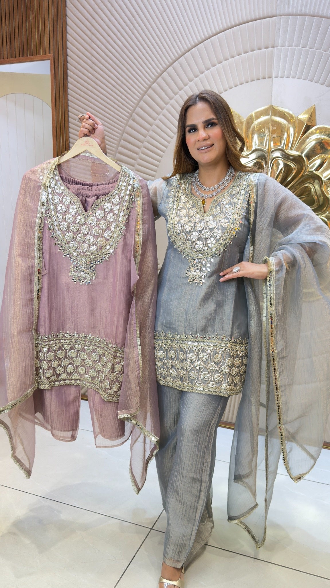 Elegant silk or chinon ethnic wear short kurti set  PC3727