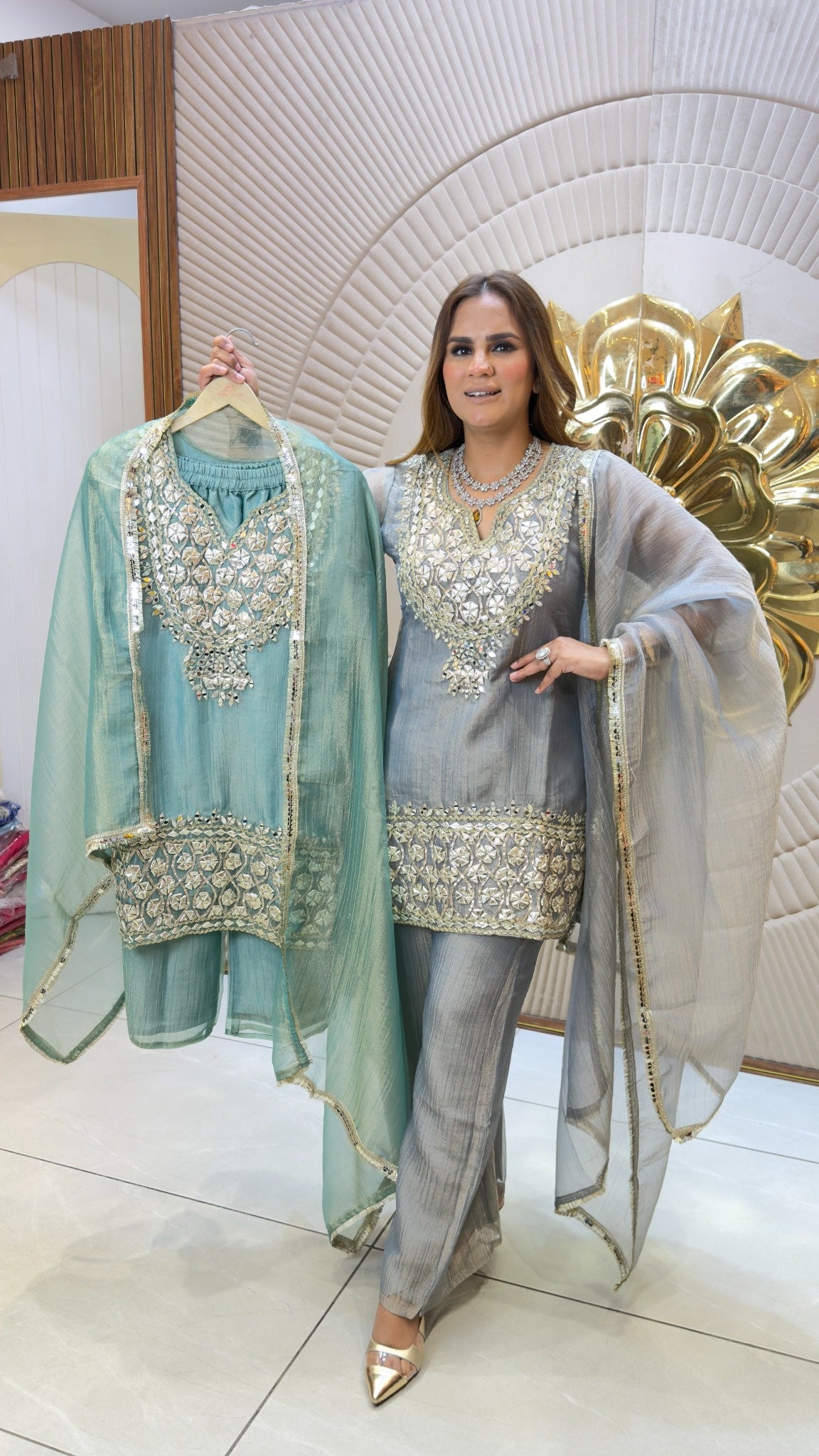 Elegant silk or chinon ethnic wear short kurti set  PC3727