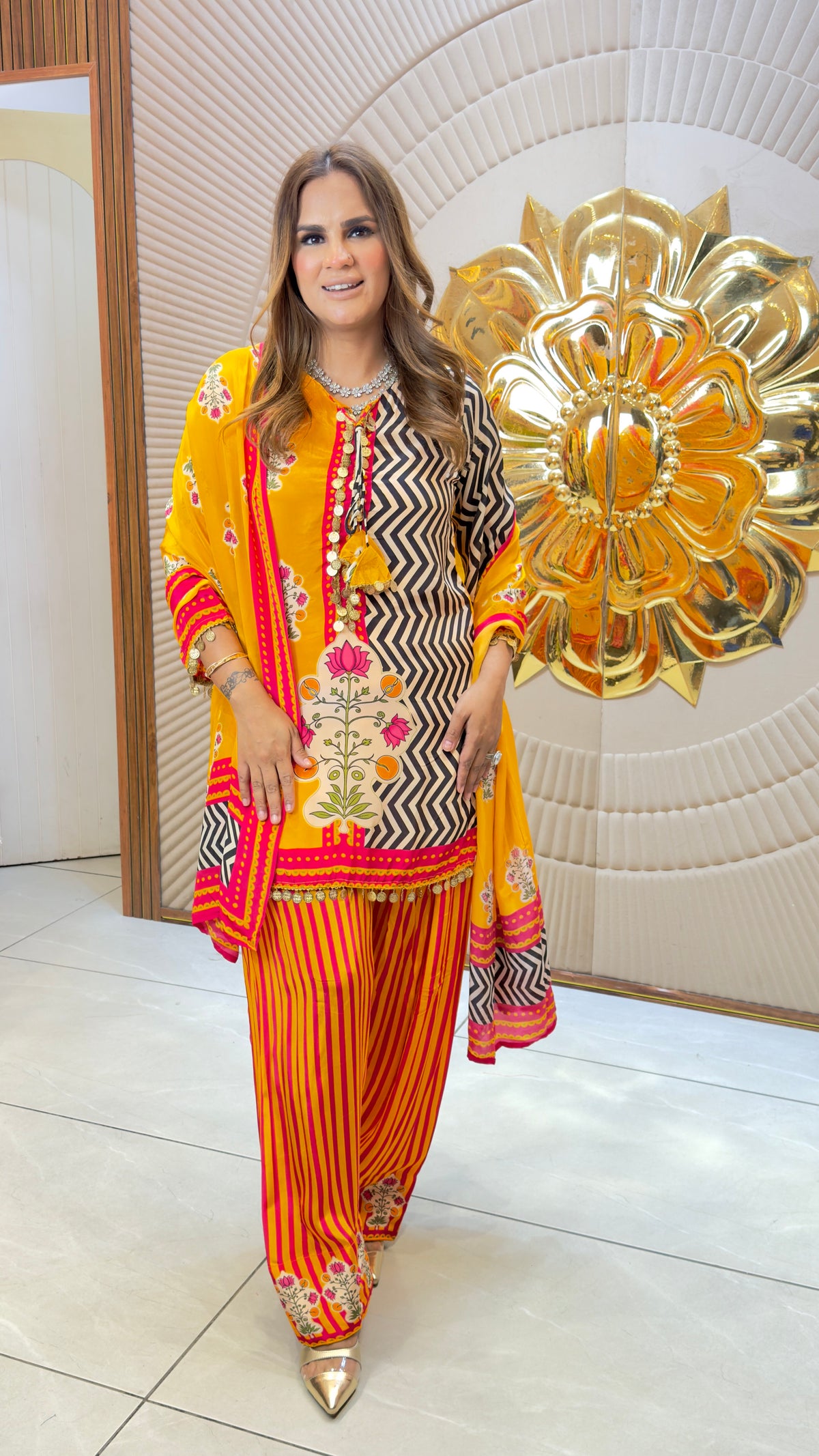 Elegant yellow and black printed crepe kurta and farshi salwar set  PC3728