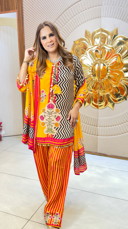 Elegant yellow and black printed crepe kurta and farshi salwar set  PC3728