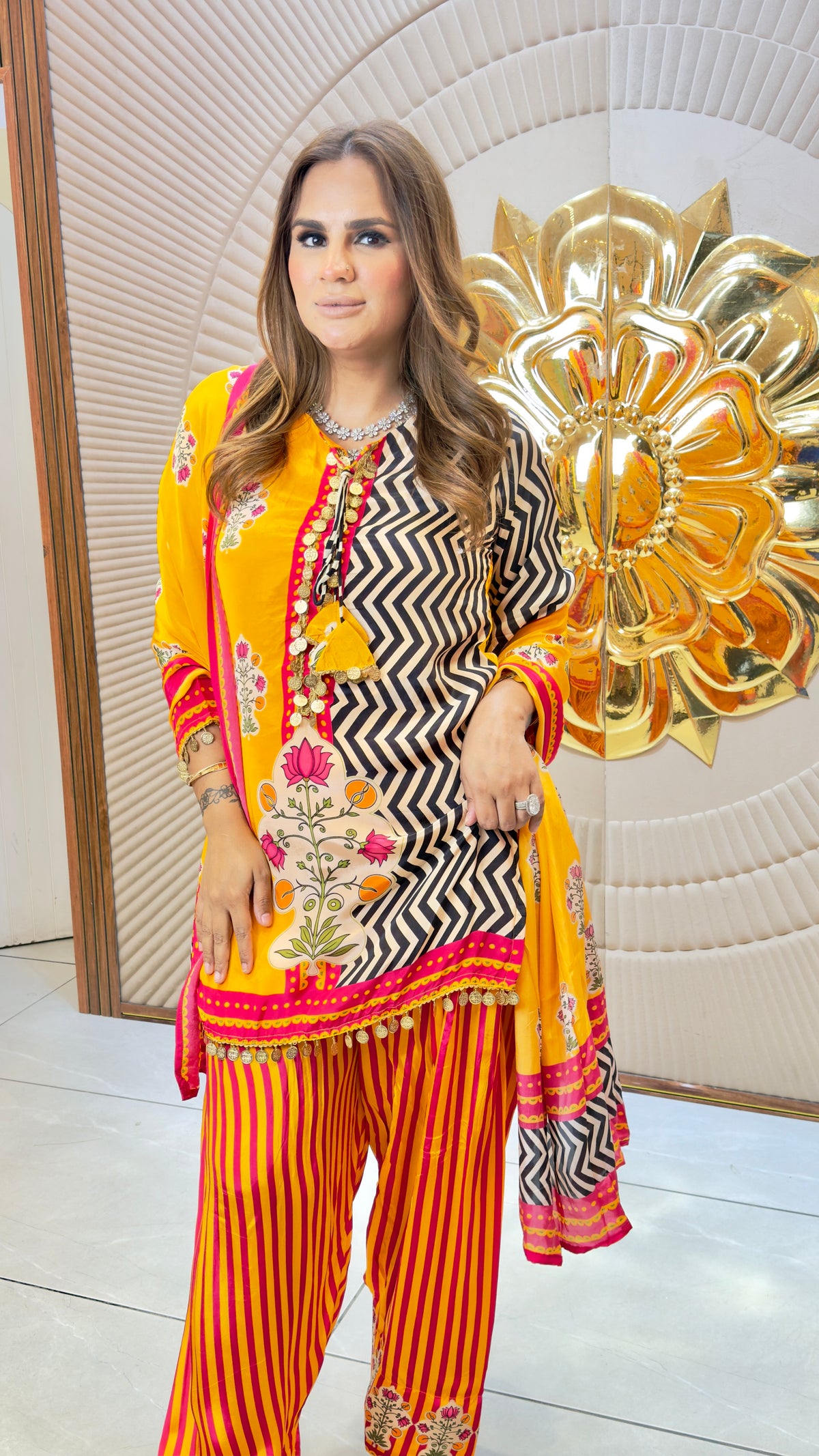 Elegant yellow and black printed crepe kurta and farshi salwar set  PC3728