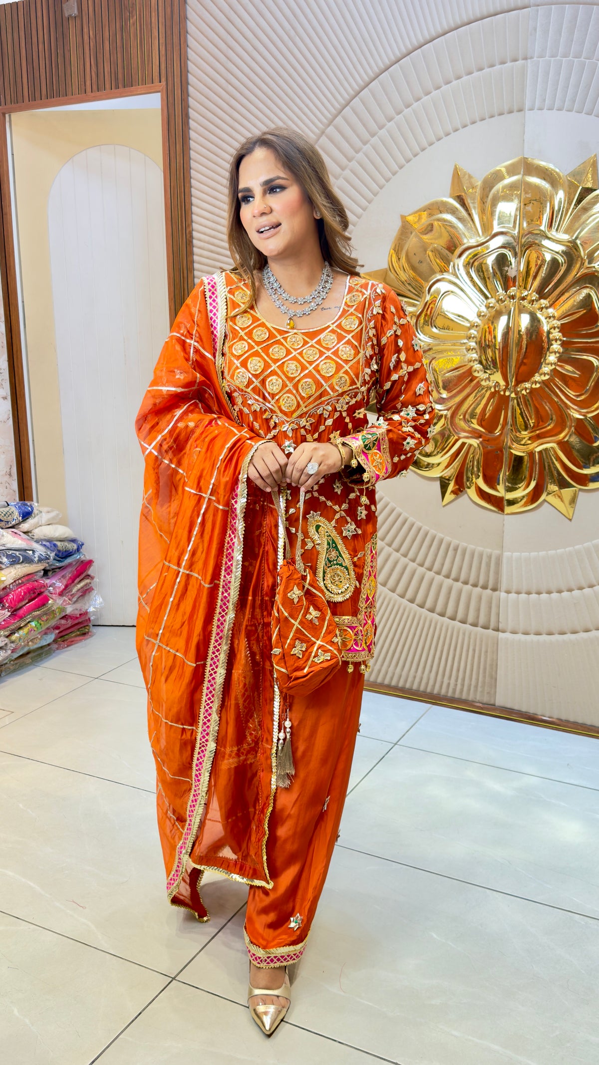 Elegant Rust-orange ethnic or embroidered straight kurta PC3730