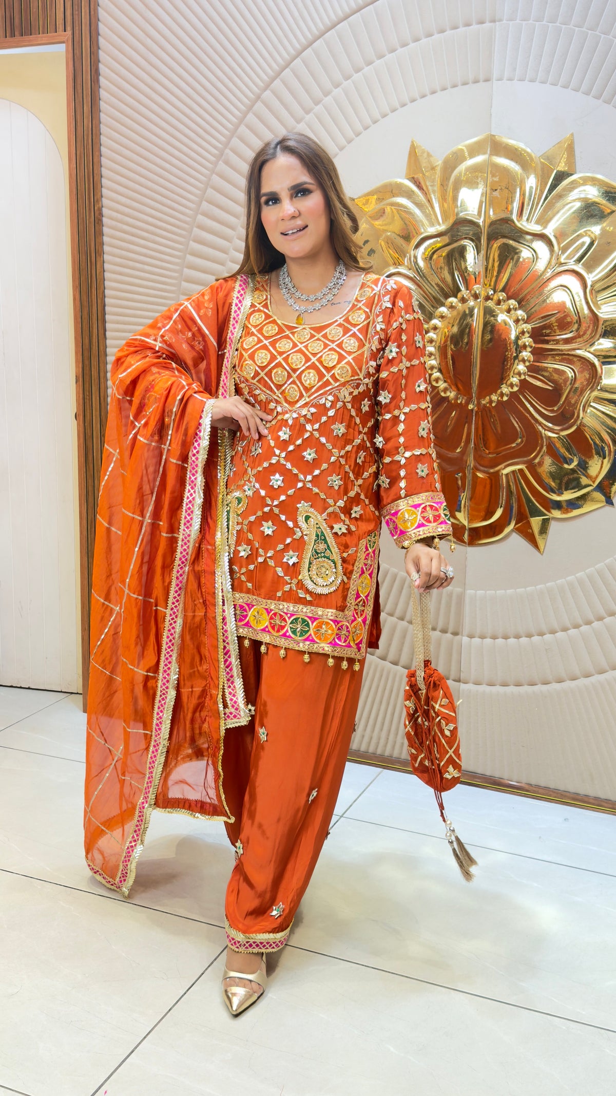 Elegant Rust-orange ethnic or embroidered straight kurta PC3730