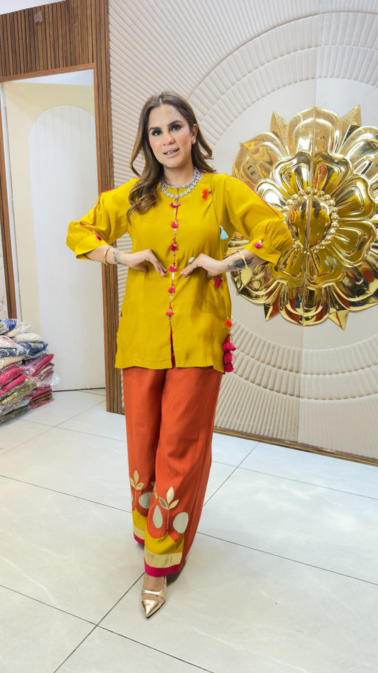 Elegant Mustard Top and Orange Lampi Gota Pants Set PC3731