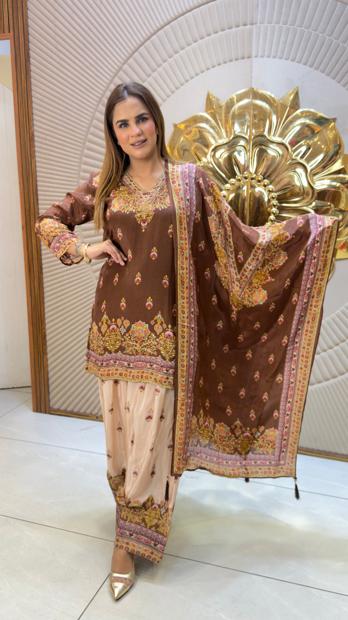 Beautiful brown embroidered kurta set with a farshi salwar PC3733