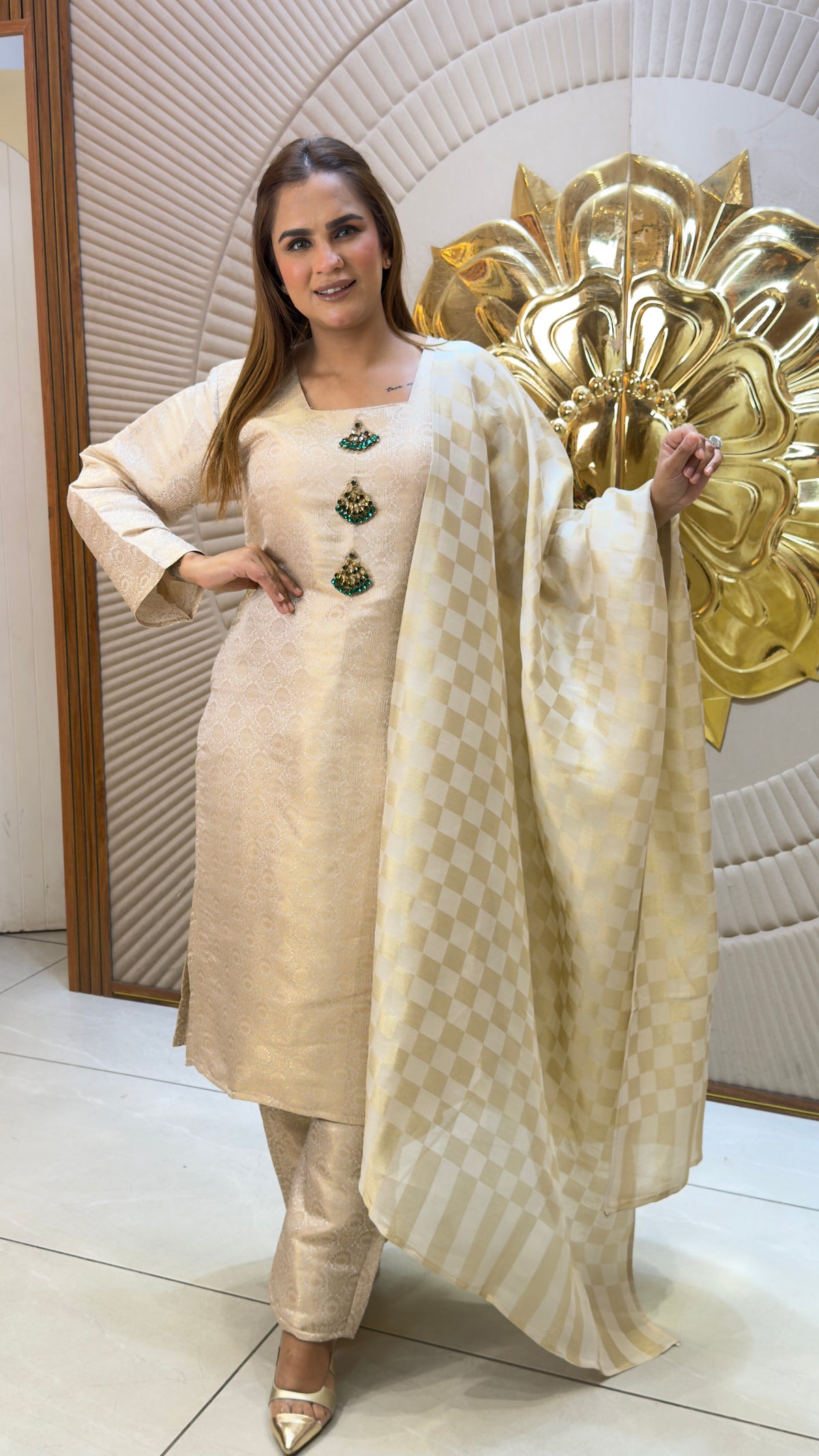 Beautiful beige Banarasi silk jacquard self-zari kurta pant PC3734