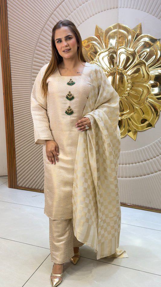 Beautiful beige Banarasi silk jacquard self-zari kurta pant PC3734