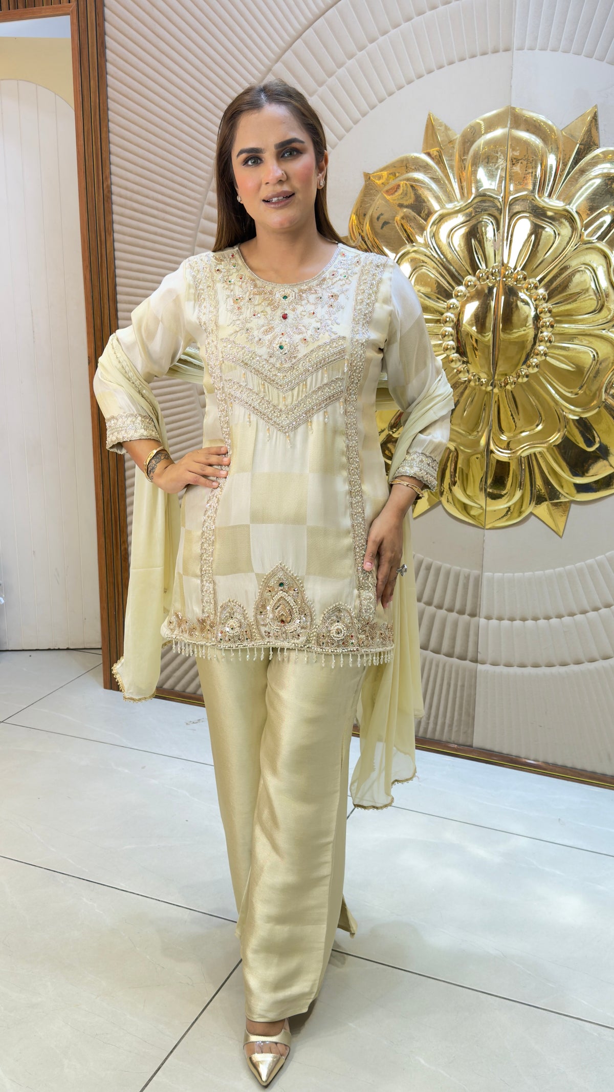 Beautiful ivory and gold-toned embellished 3-piece suit set PC3738