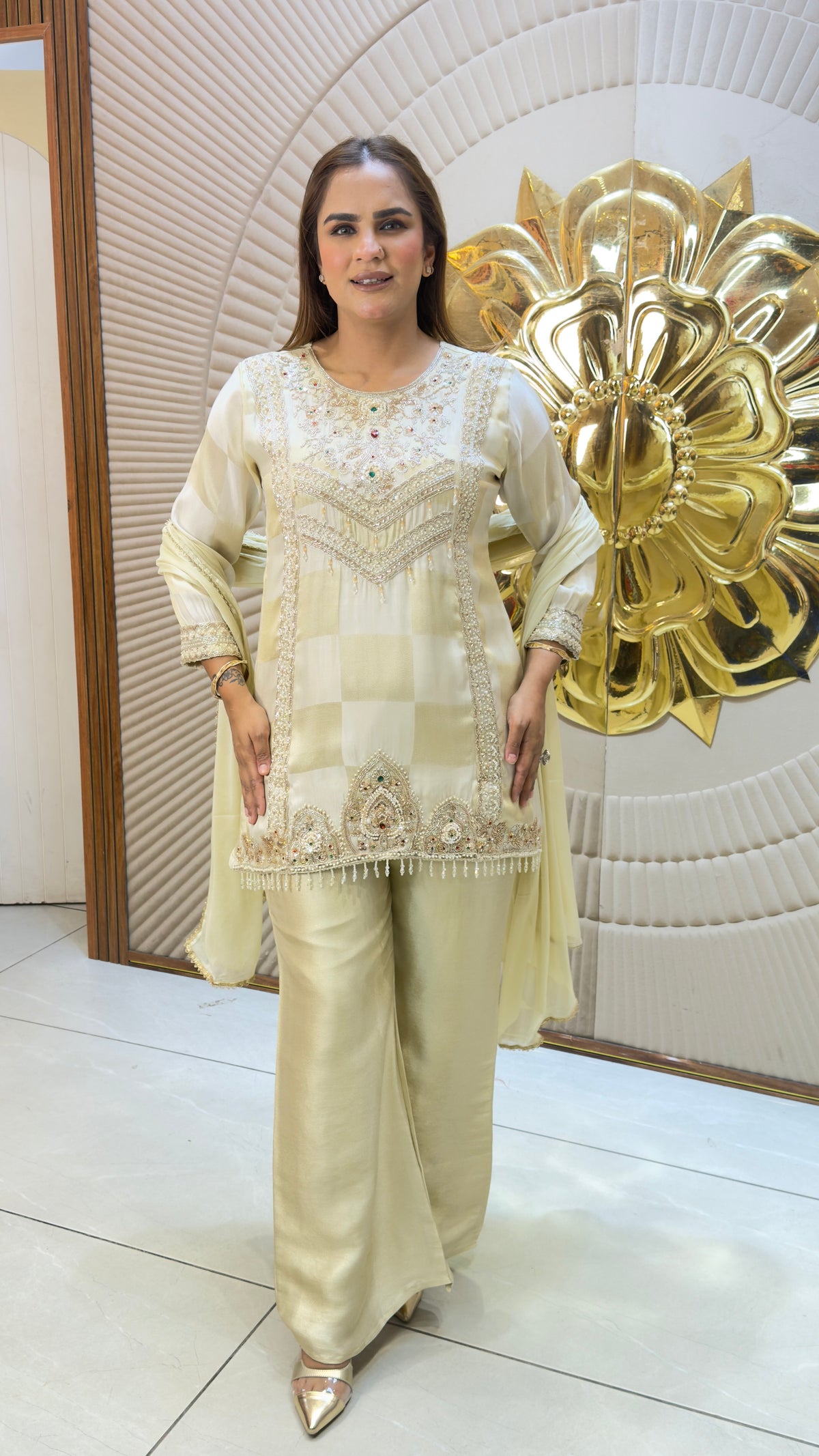 Beautiful ivory and gold-toned embellished 3-piece suit set PC3738