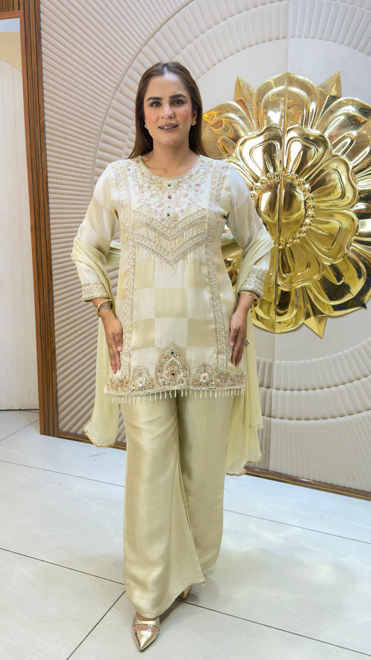 Beautiful ivory and gold-toned embellished 3-piece suit set PC3738