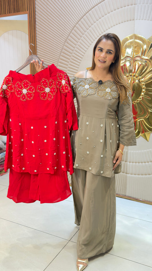 Beautiful off-the-shoulder peplum tunic and palazzo set PC3740