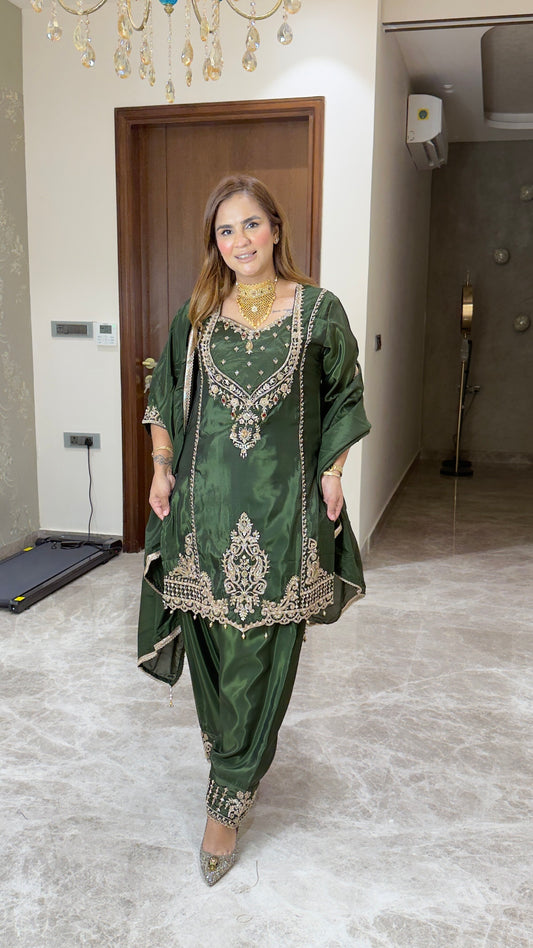 Beautiful dark green festive silk/chinon ensemble embroidered V-neck kurta PC3758