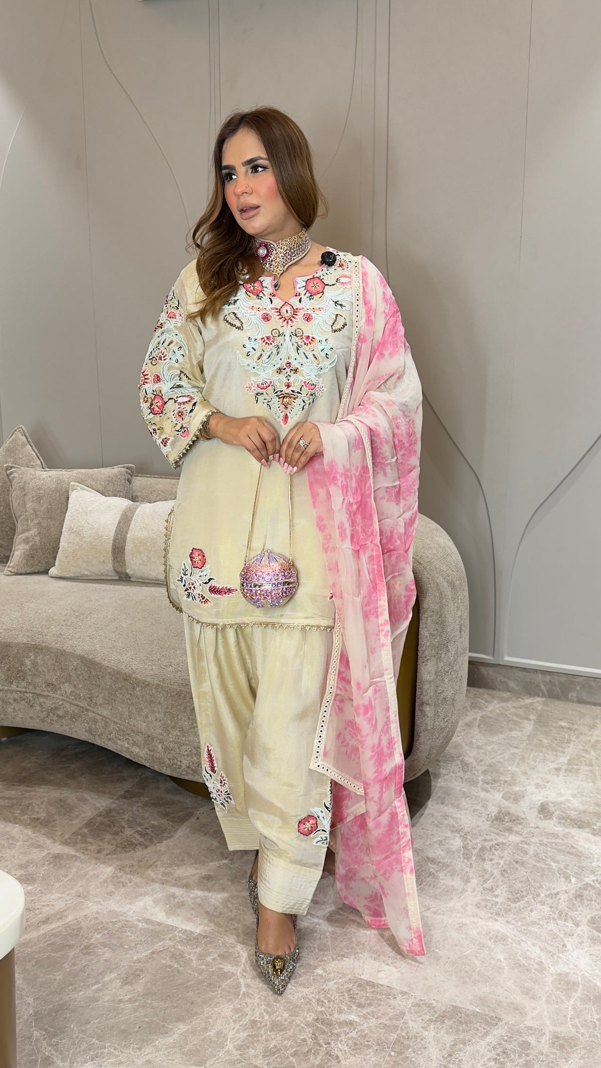Beautiful cream-colored embroidered kurta and salwar set  pc3760