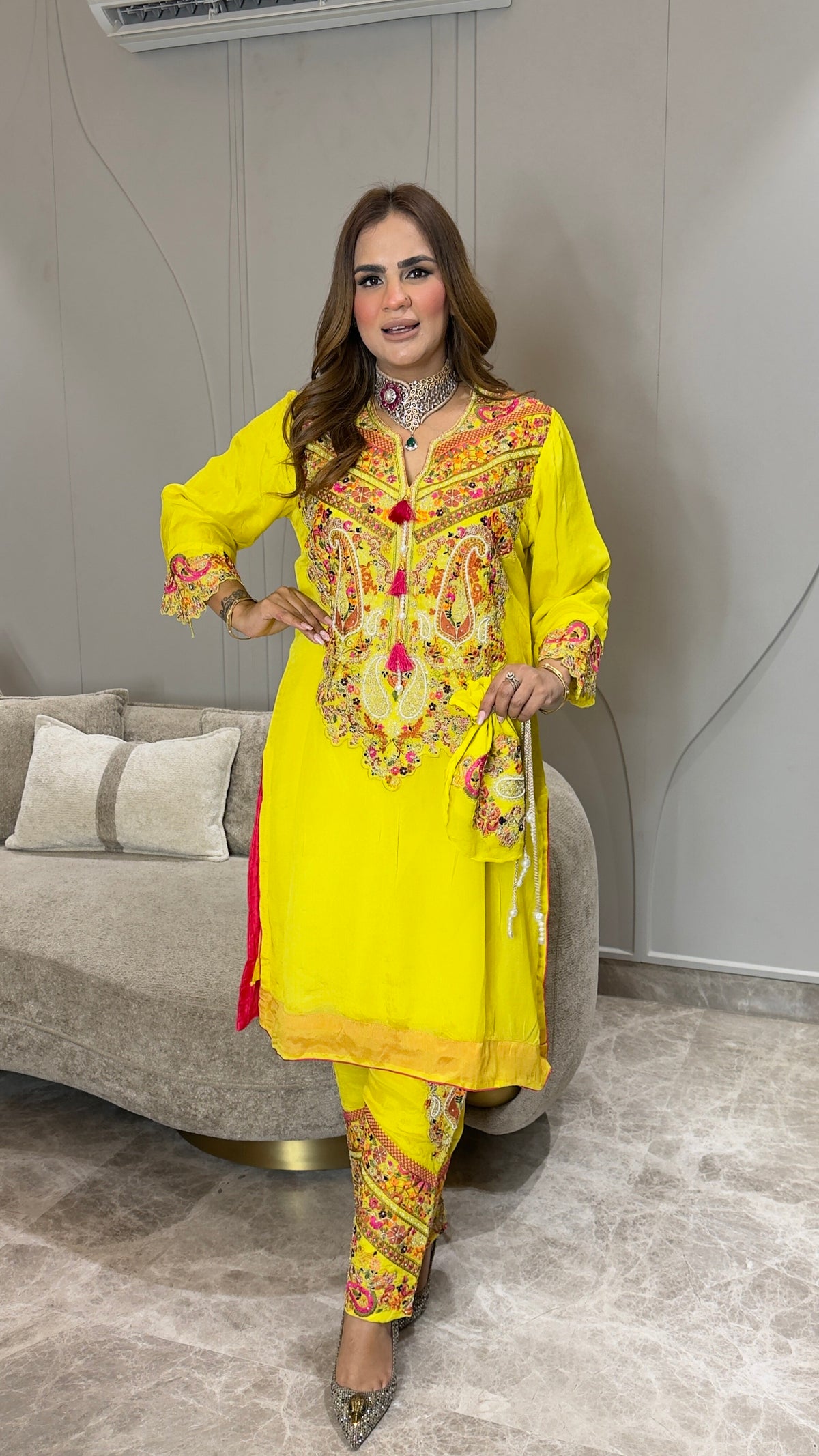 Beautiful yellow embroidered ethnic suit set pc3761