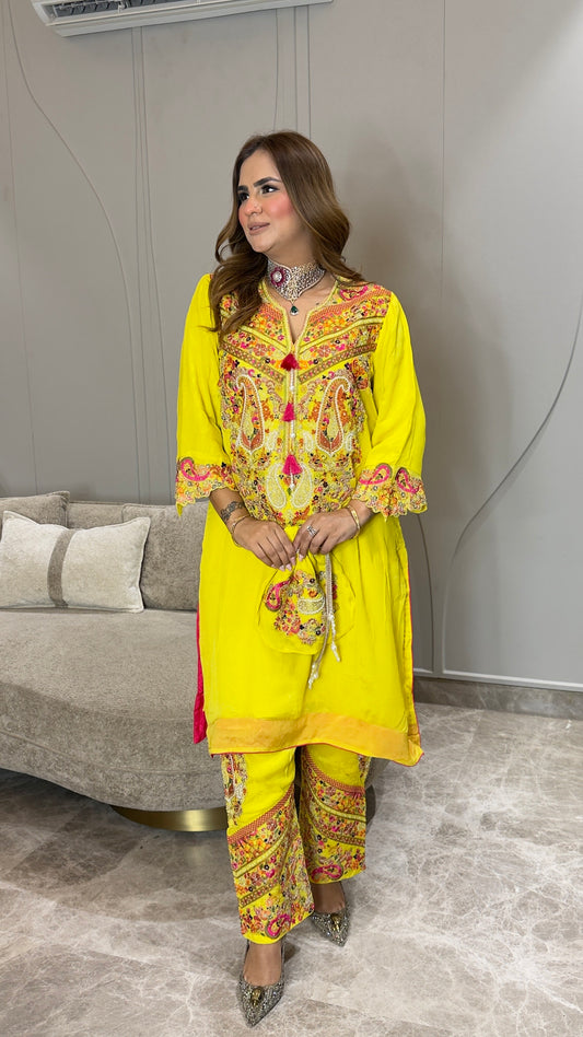 Beautiful yellow embroidered ethnic suit set pc3761