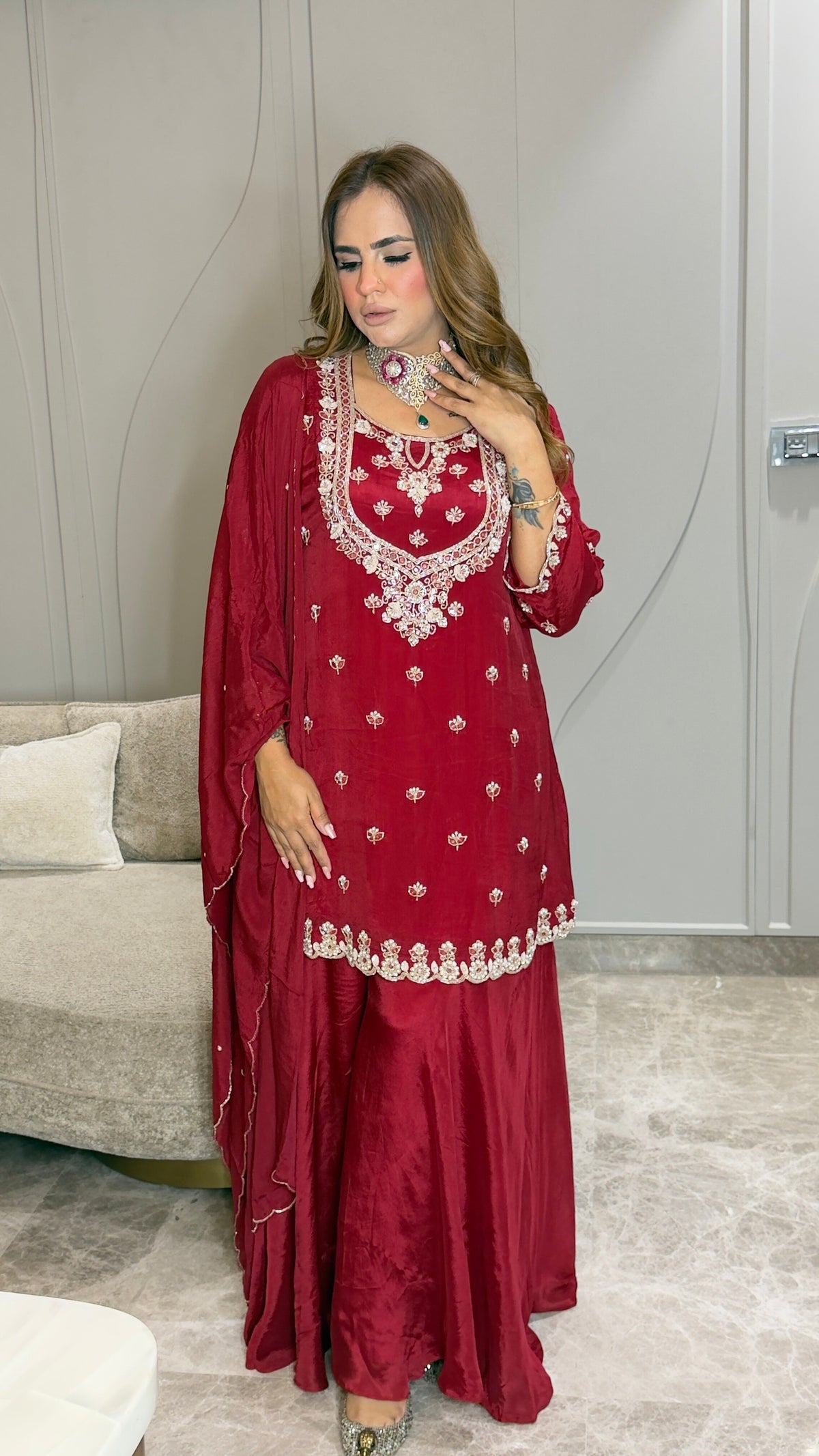 Beautiful red embroidered silk-blend kurta and sharara set pc3763