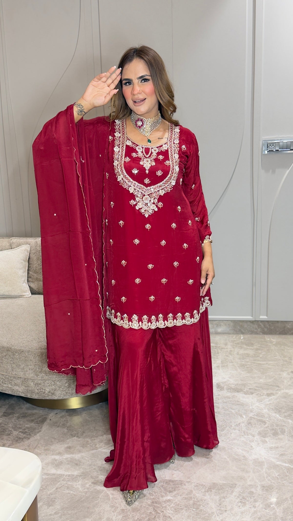 Beautiful red embroidered silk-blend kurta and sharara set pc3763