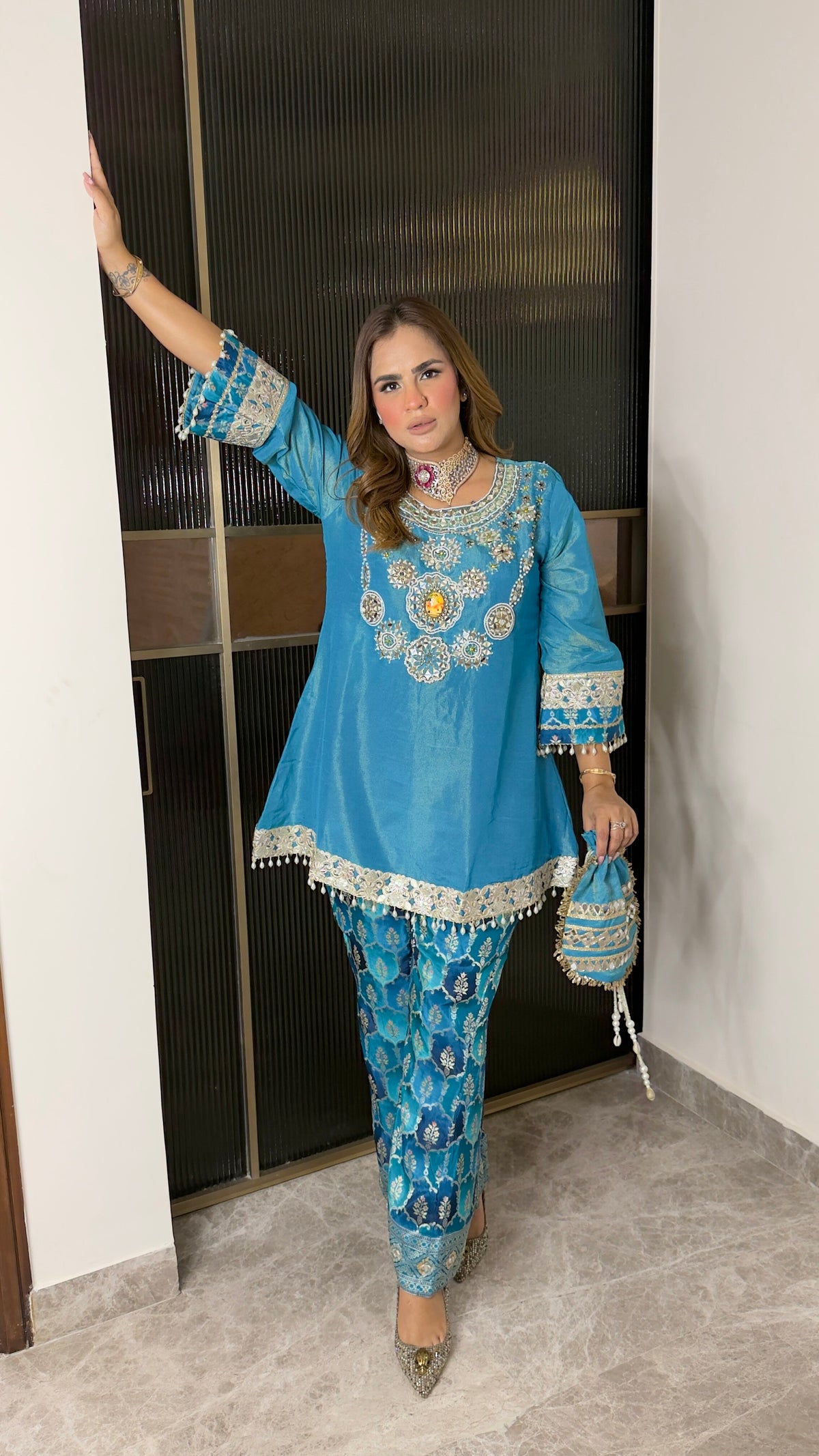 Beautiful teal blue partywear co-ord and sharara/pant set pc3764