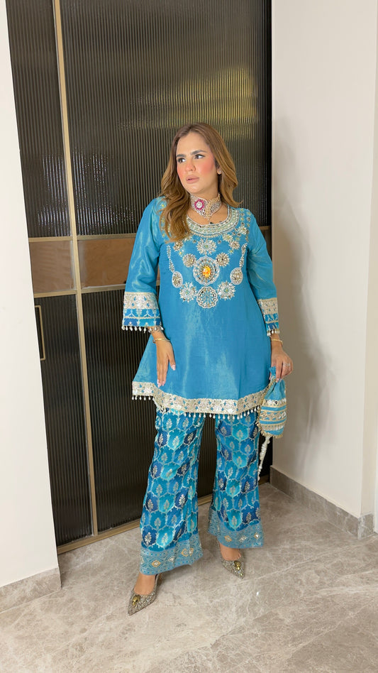 Beautiful teal blue partywear co-ord and sharara/pant set pc3764
