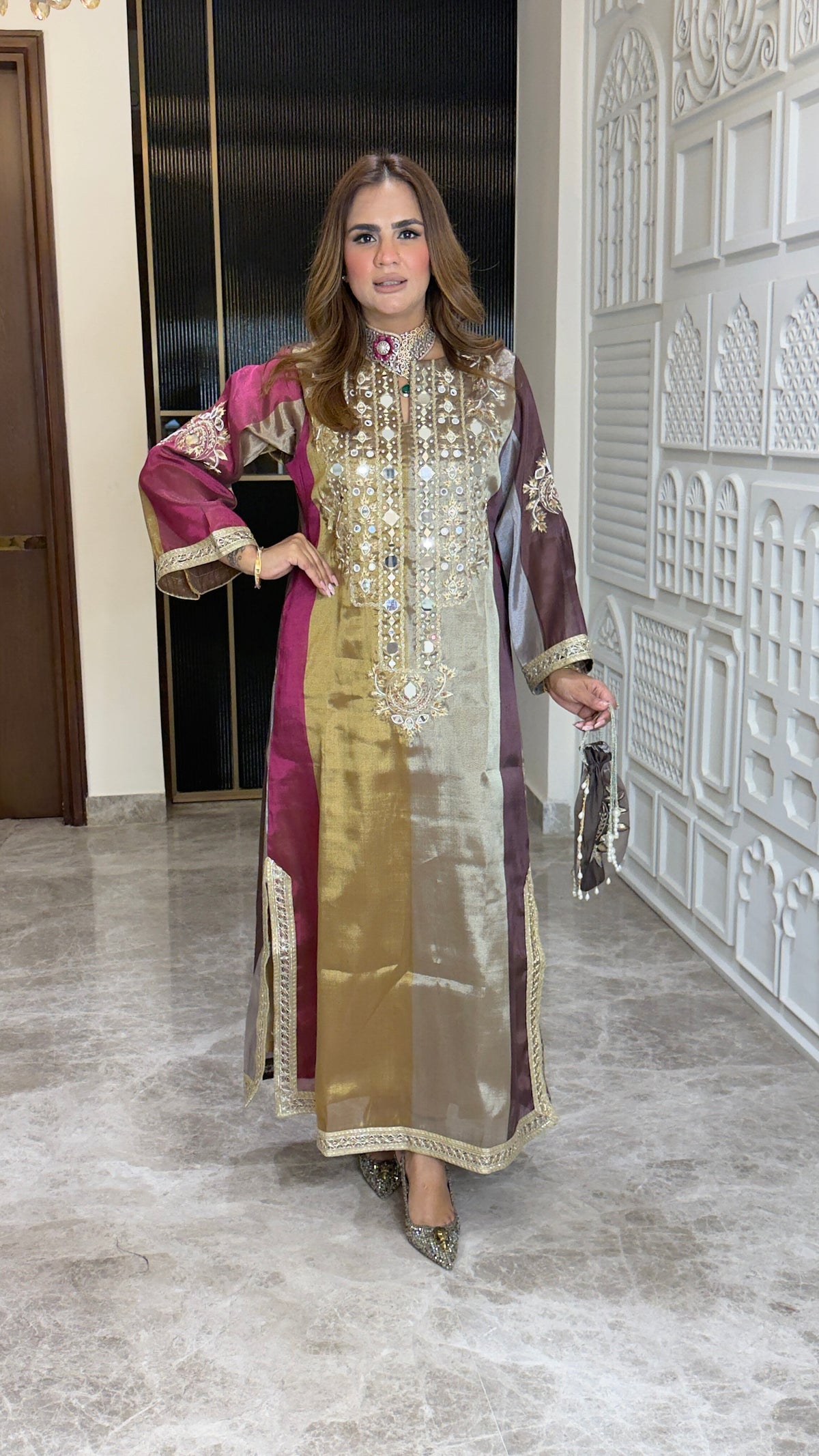 Beautiful multi-toned silk-blend long dress or straight-cut festive kurta pc3766