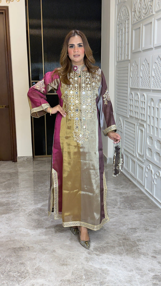 Beautiful multi-toned silk-blend long dress or straight-cut festive kurta pc3766