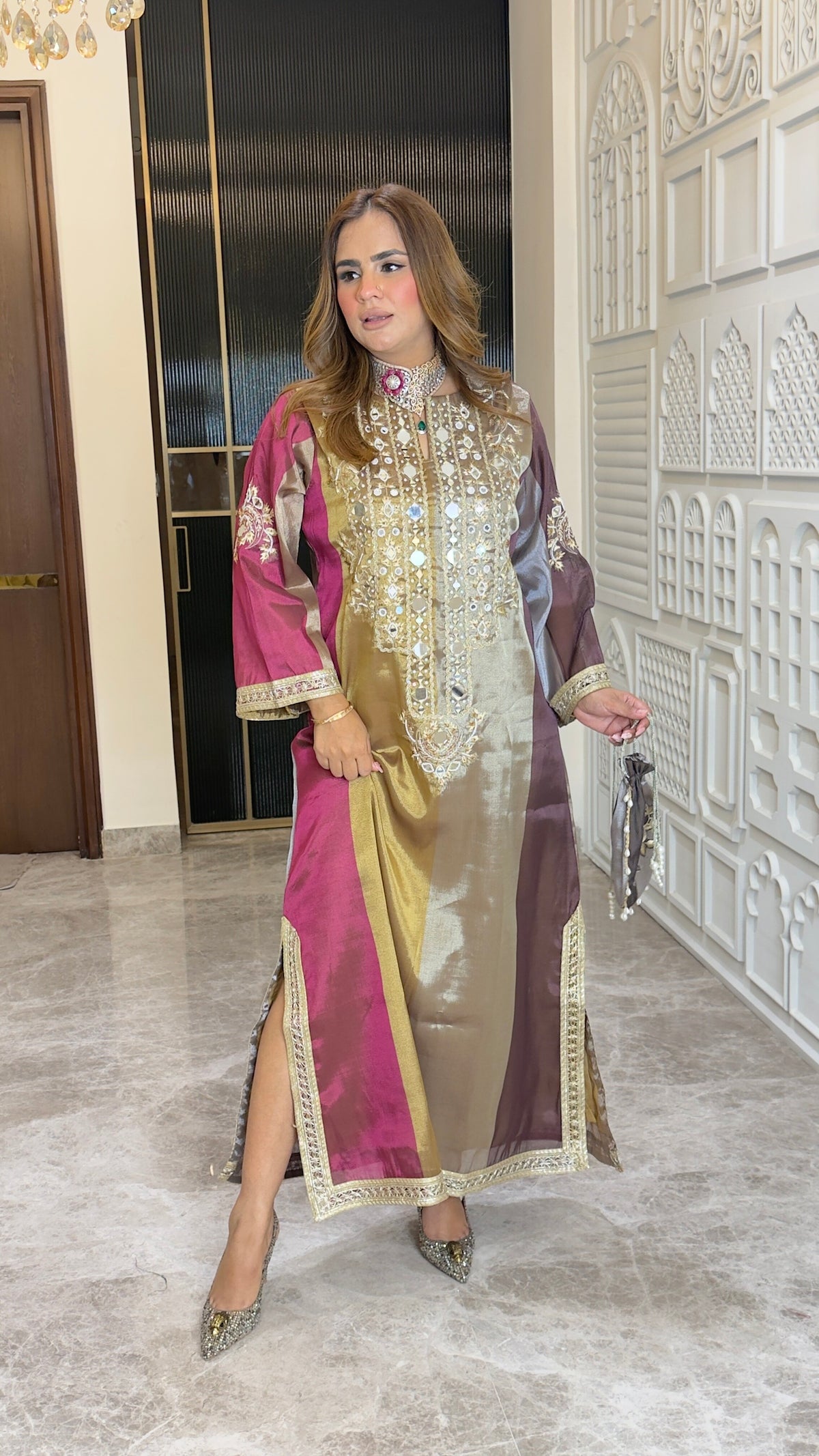 Beautiful multi-toned silk-blend long dress or straight-cut festive kurta pc3766