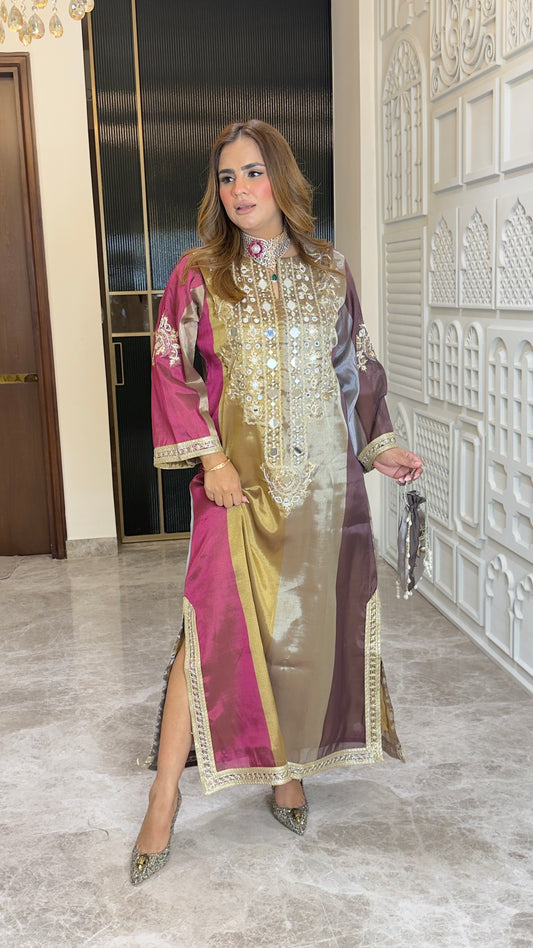 Beautiful multi-toned silk-blend long dress or straight-cut festive kurta pc3766