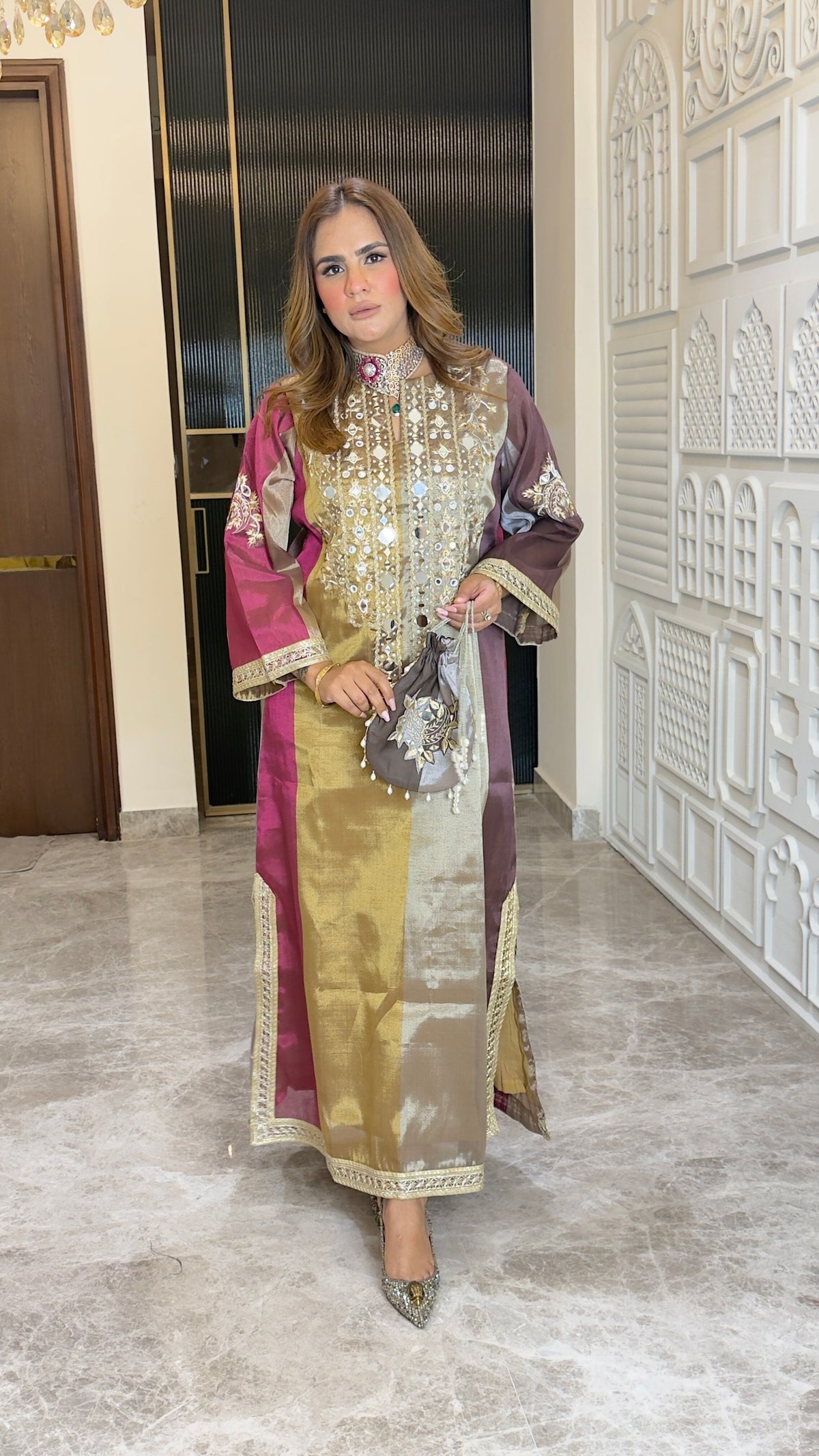 Beautiful multi-toned silk-blend long dress or straight-cut festive kurta pc3766