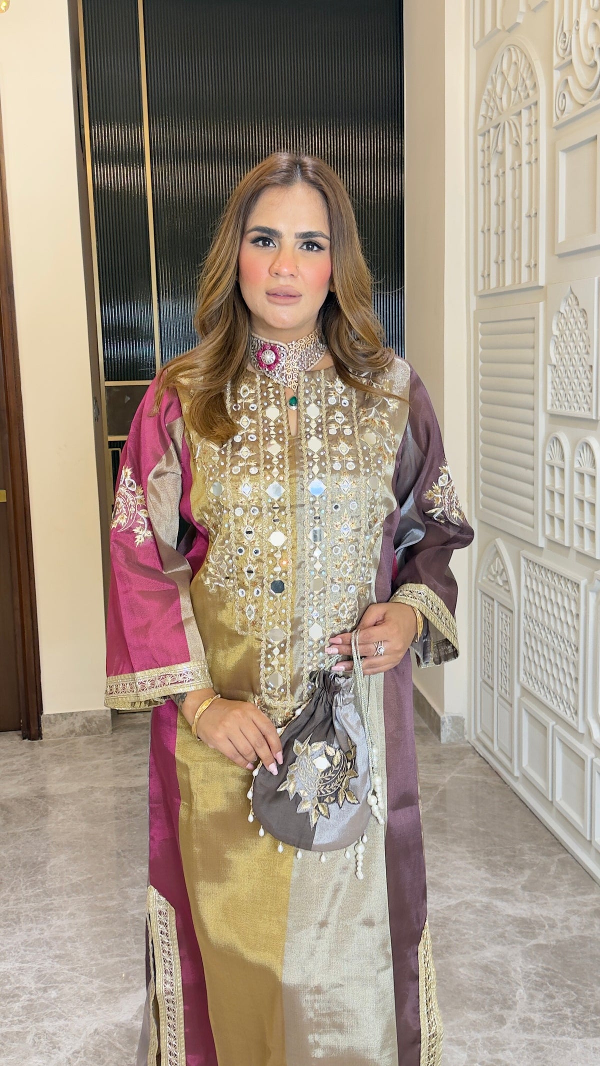 Beautiful multi-toned silk-blend long dress or straight-cut festive kurta pc3766