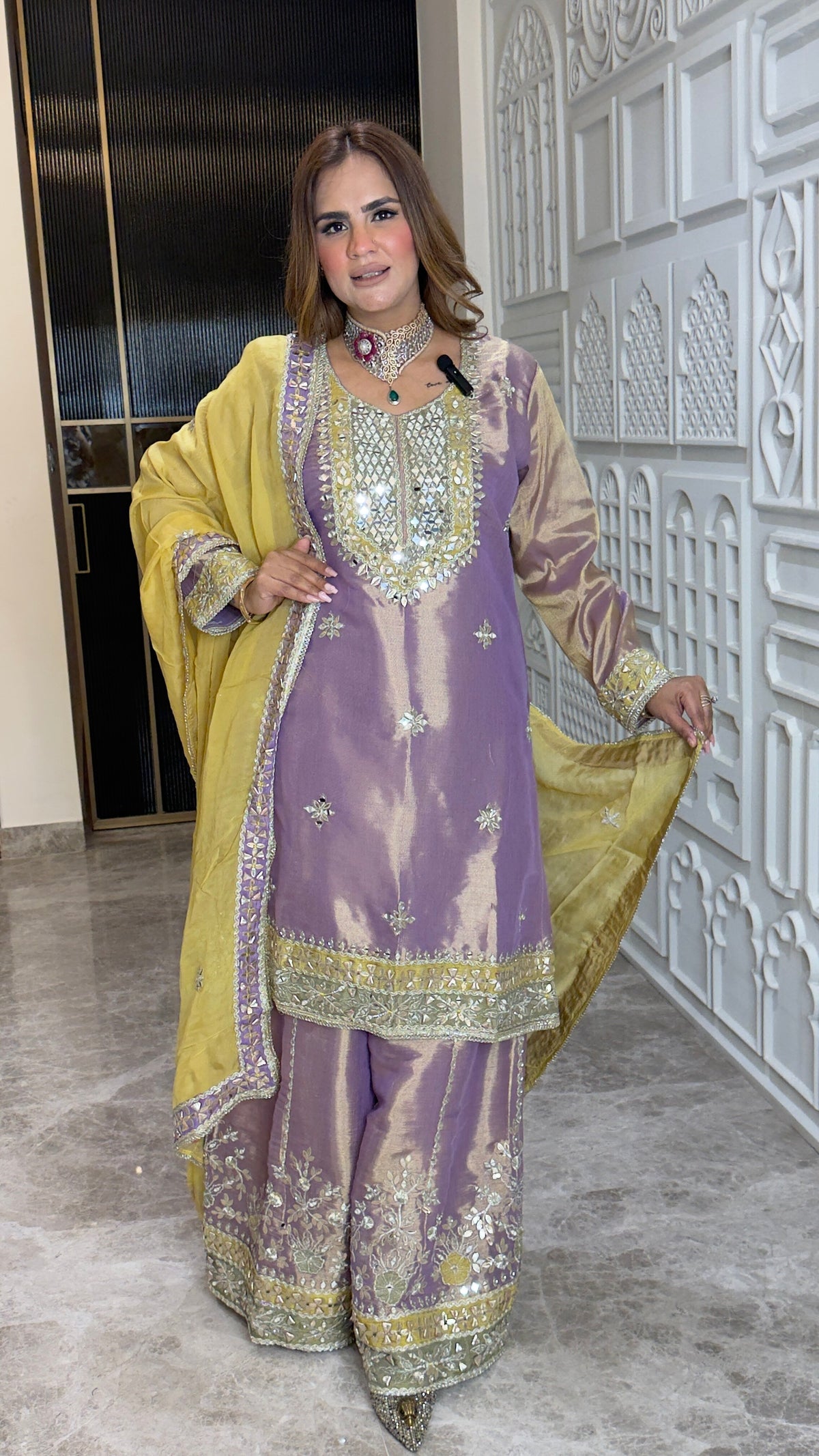 Beautiful lavender tissue silk kurta set with mirror and zari work pc3780