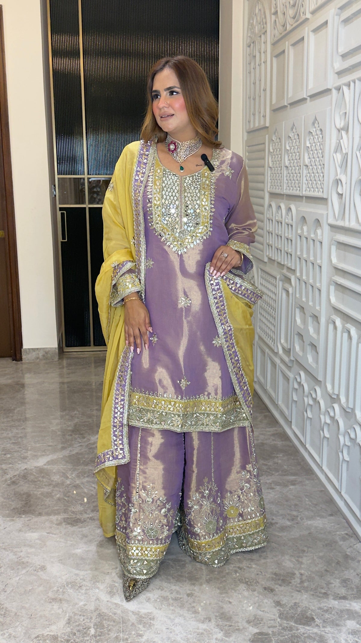 Beautiful lavender tissue silk kurta set with mirror and zari work pc3780