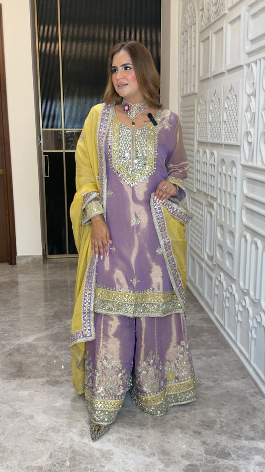 Beautiful lavender tissue silk kurta set with mirror and zari work pc3780