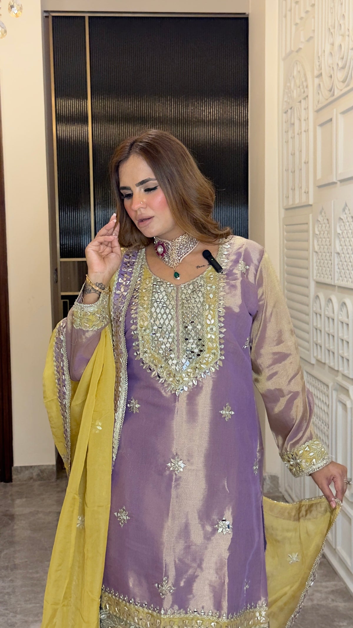 Beautiful lavender tissue silk kurta set with mirror and zari work pc3780