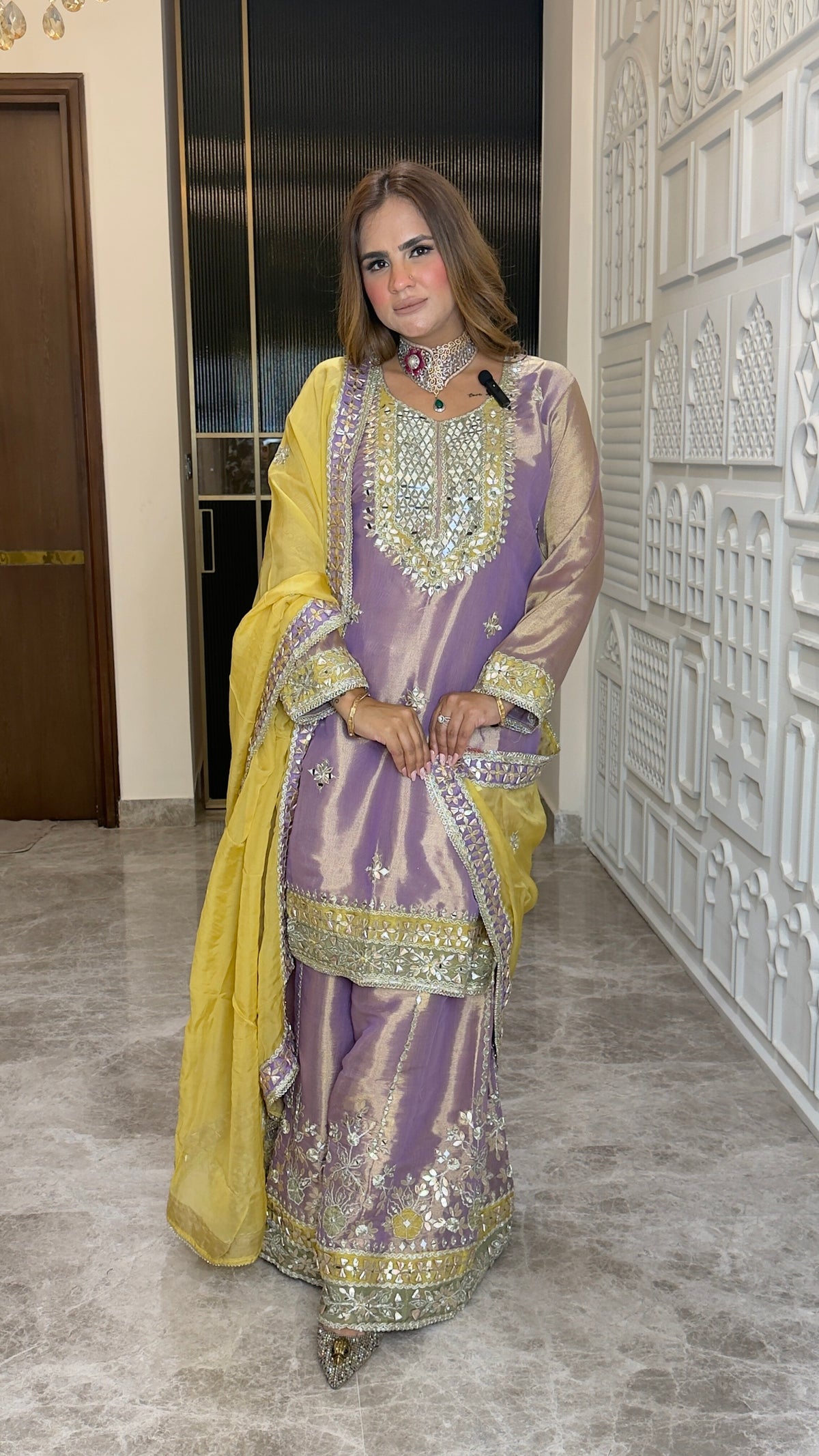 Beautiful lavender tissue silk kurta set with mirror and zari work pc3780