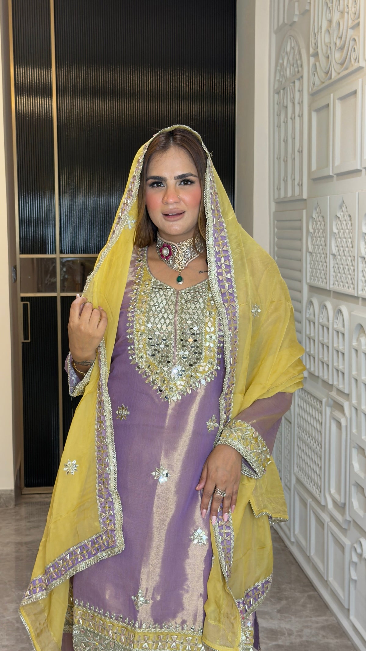 Beautiful lavender tissue silk kurta set with mirror and zari work pc3780