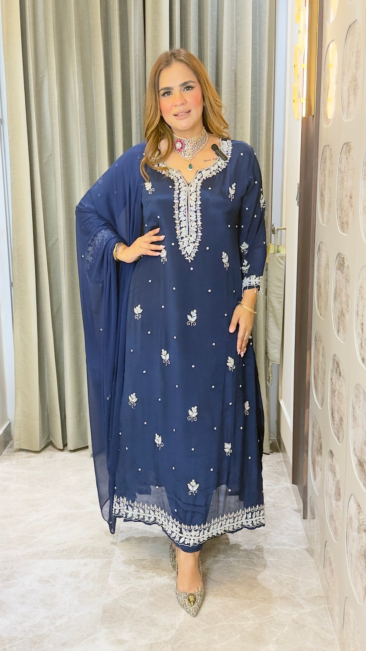 Elegant navy blue silk blend ethnic kurta, palazzo, and dupatta set pc3772