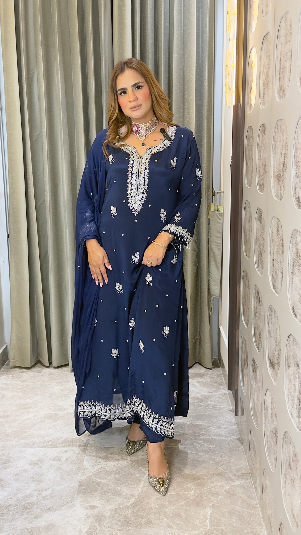 Elegant navy blue silk blend ethnic kurta, palazzo, and dupatta set pc3772