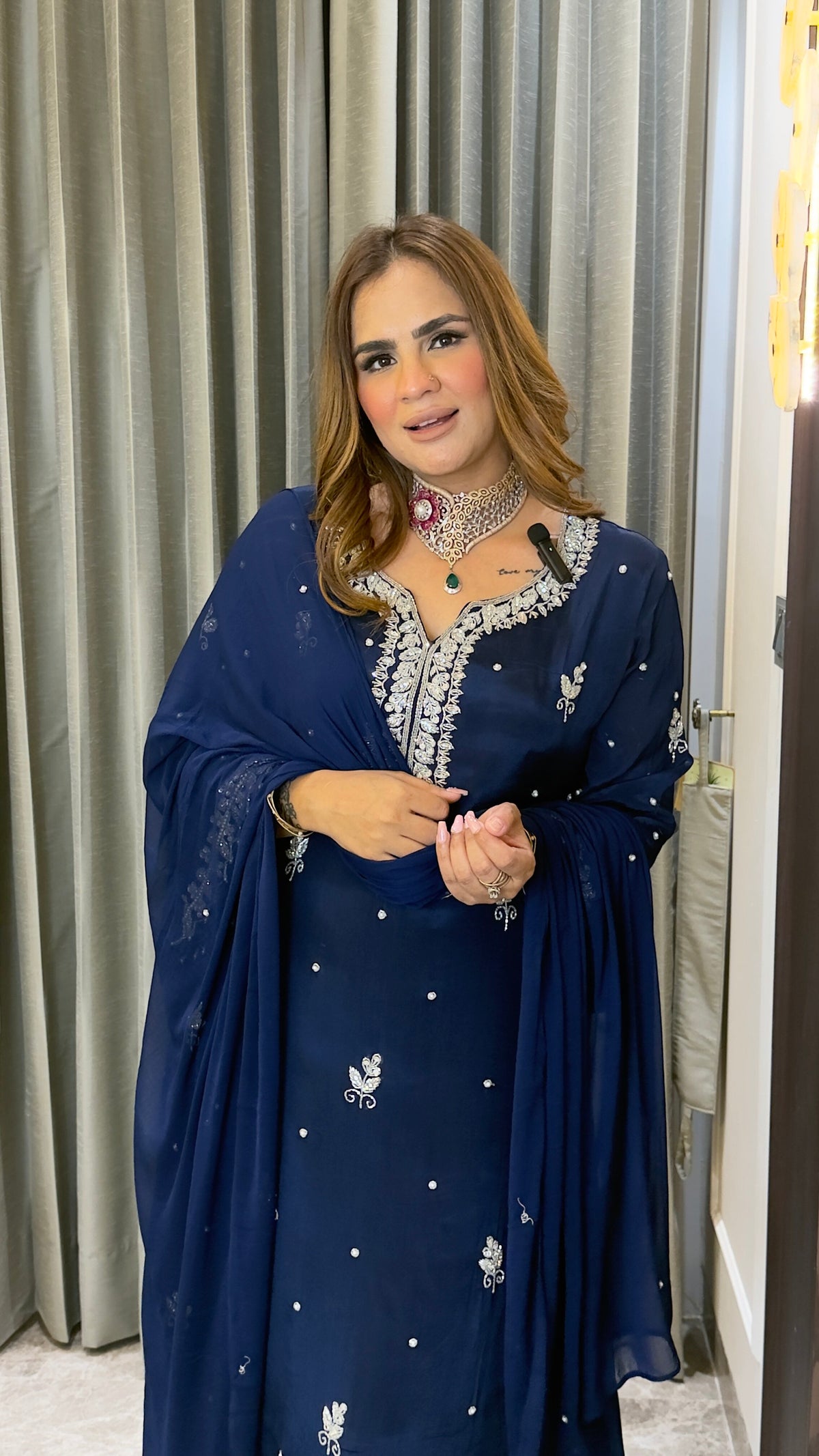 Elegant navy blue silk blend ethnic kurta, palazzo, and dupatta set pc3772