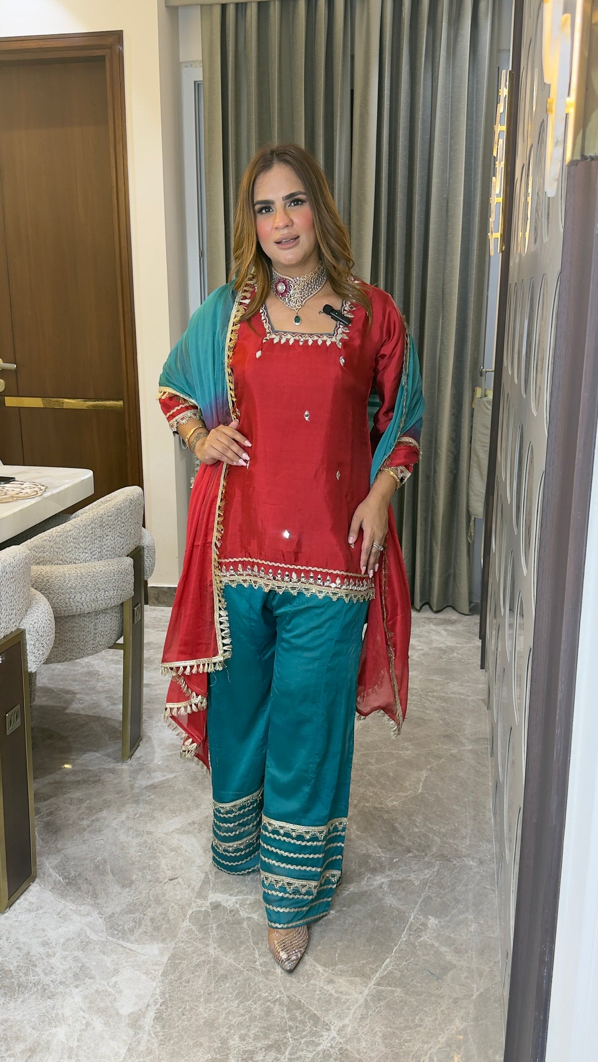Elegant embroidered straight kurta paired with red palazzo pants pc3773