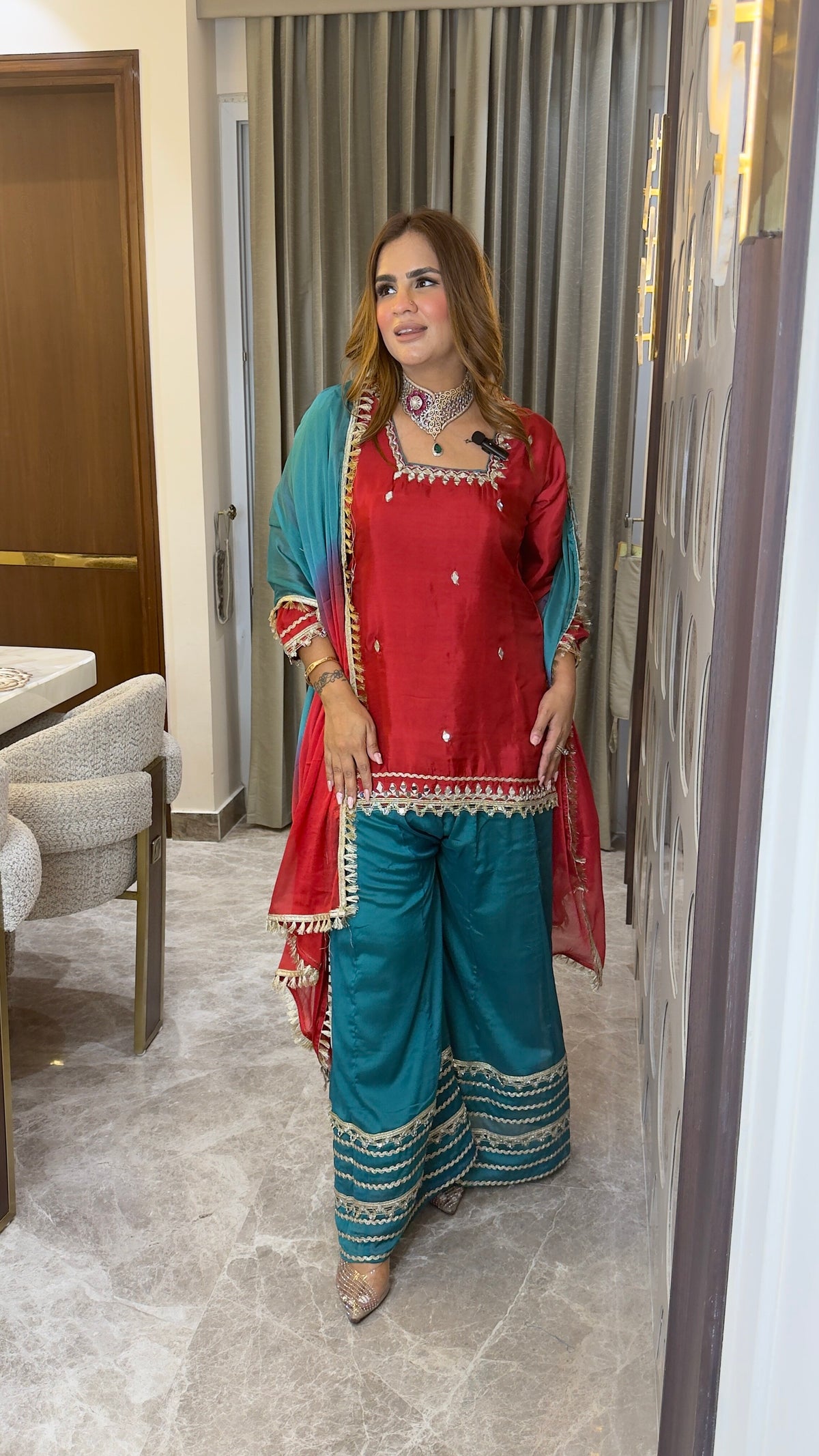 Elegant embroidered straight kurta paired with red palazzo pants pc3773