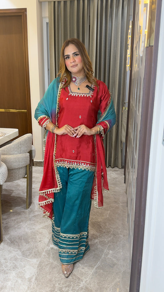 Elegant embroidered straight kurta paired with red palazzo pants pc3773